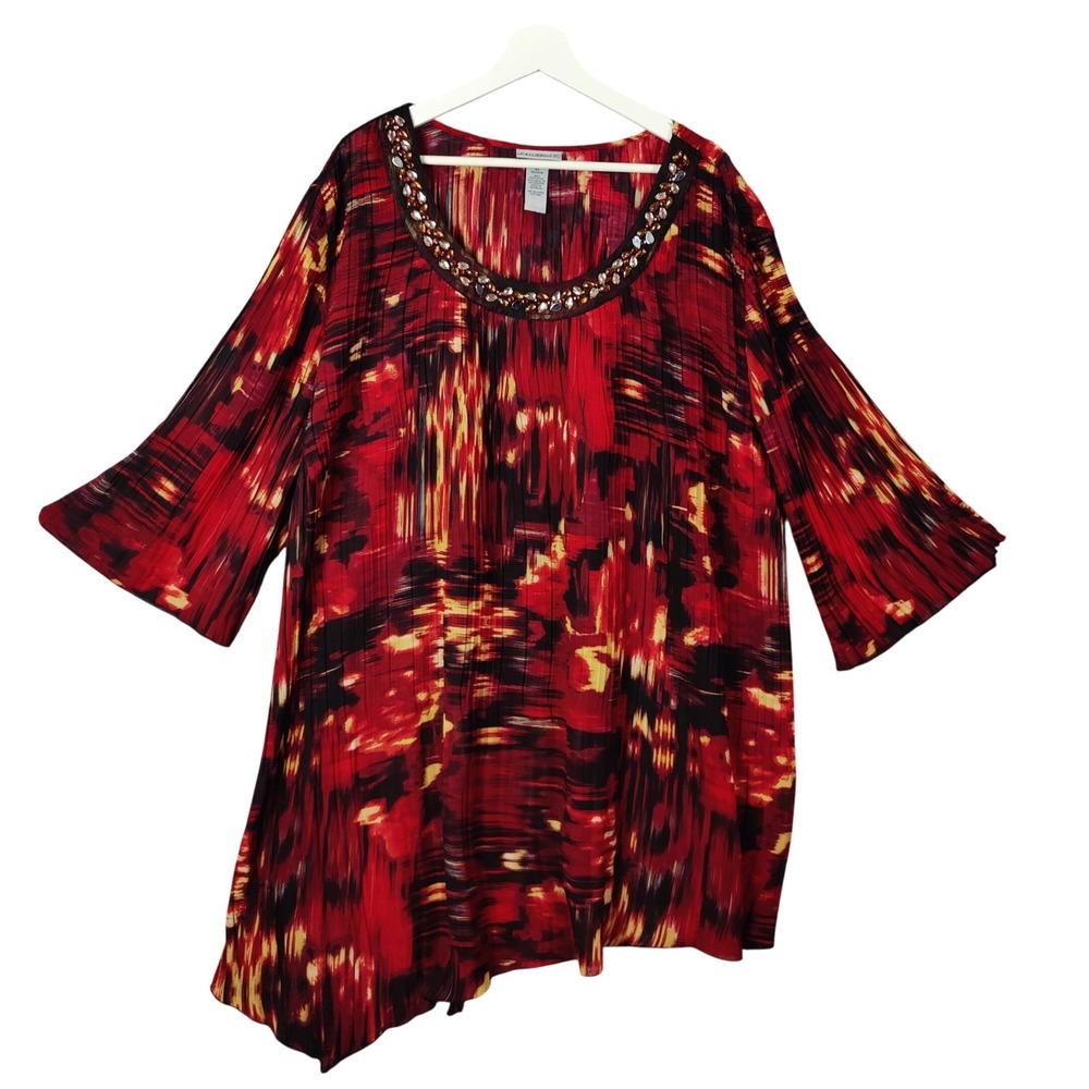 Catherines Womene Flowy Vibrant Artsy Beaded Tunic Top 4X Abstract Bell Sleeve